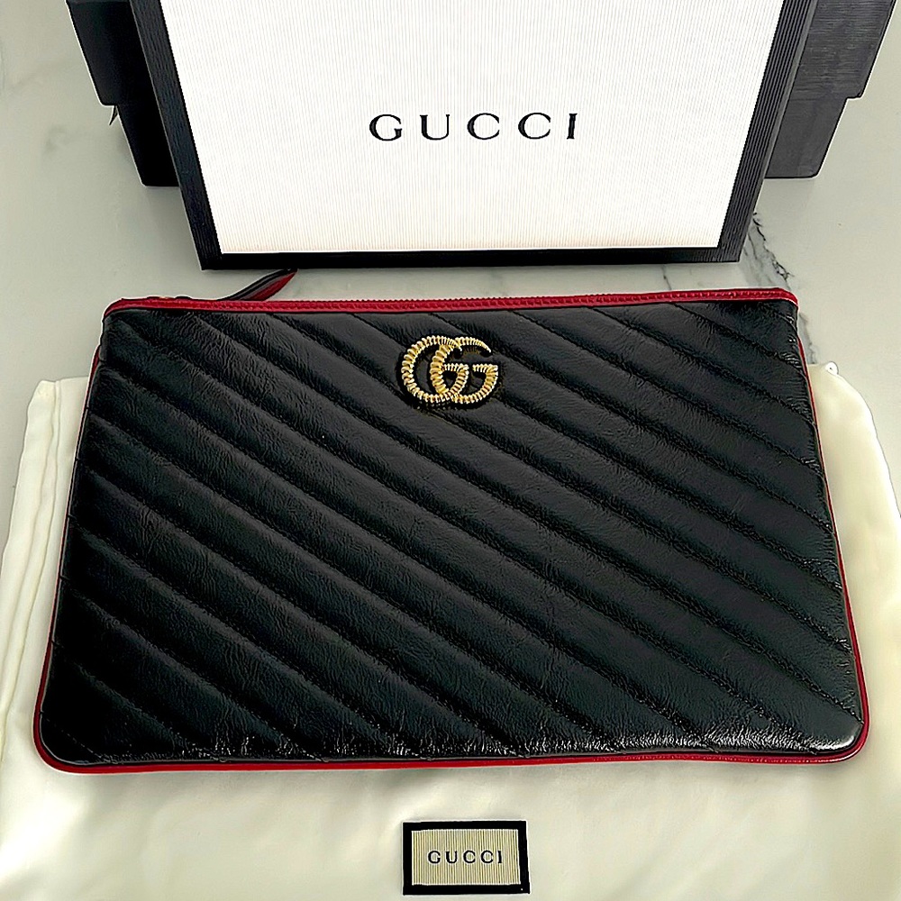 Gucci Black and Red Quilted Envelope Clutch